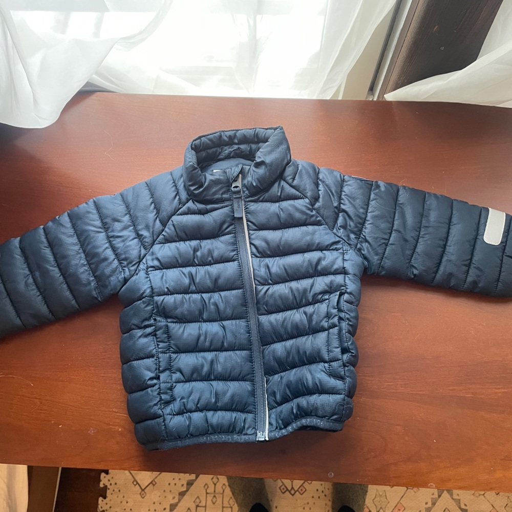 Polarn O Pyret 86cm/1-2yo navy blue lightweight eco puffer jacket snap system.